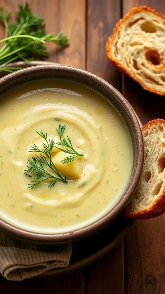 A creamy fennel and potato soup garnished with fennel fronds, served with crusty bread on a wooden table.